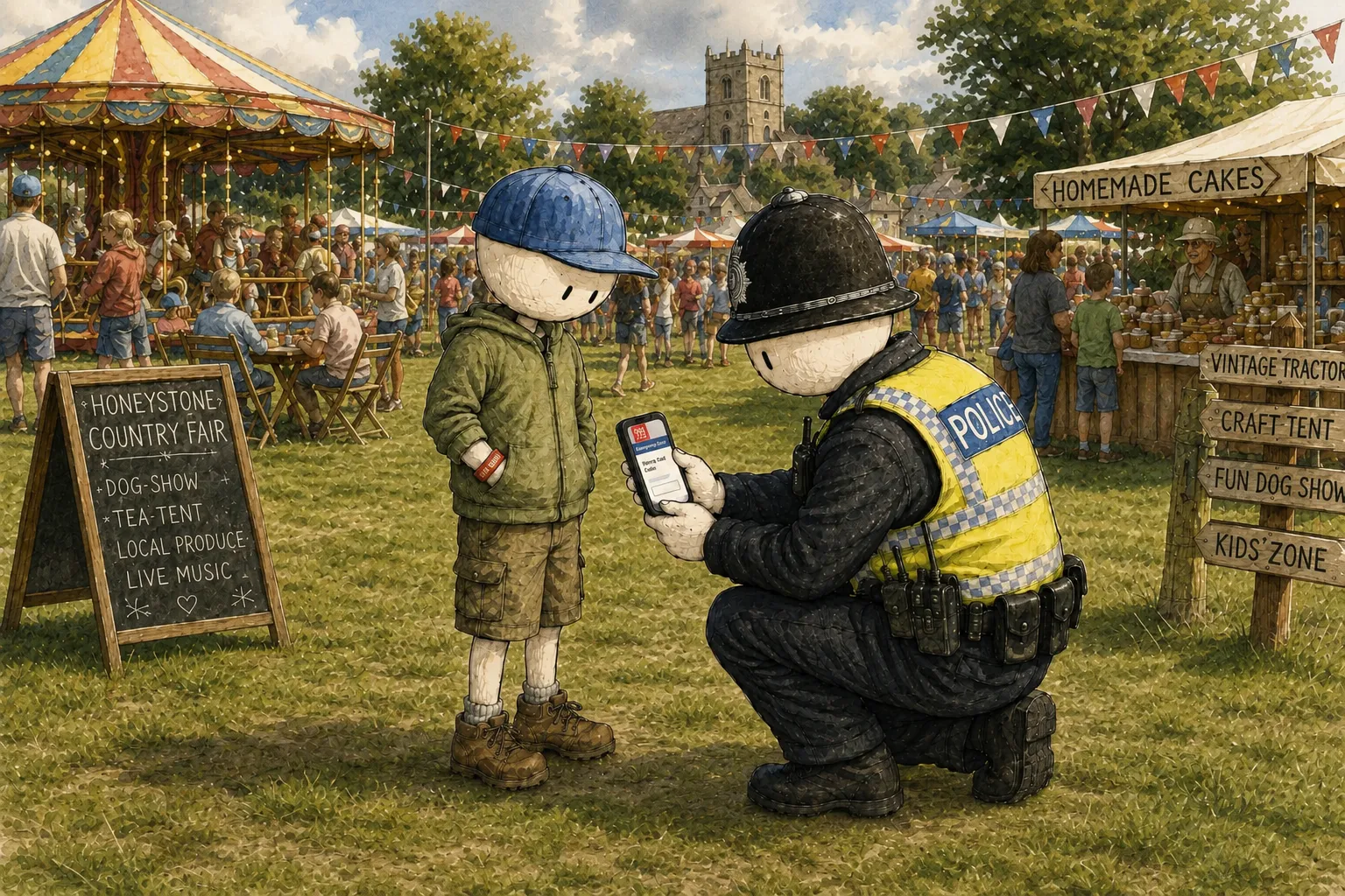 A police officer kneeling to a young boy’s eye level at a country fair, holding a phone showing the boy’s ICE Jar emergency contact details, with bunting and market stalls behind them